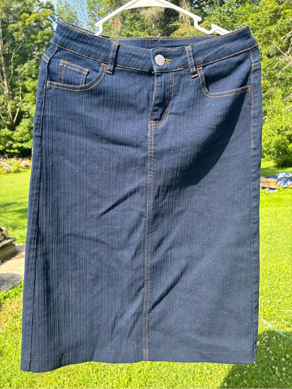 Classic Dark Blue Denim Midi Skirt — Timeless Straight Silhouette